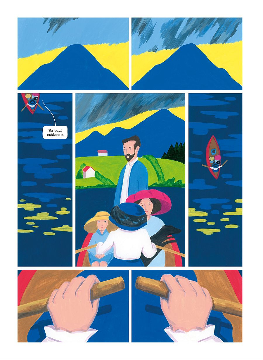 Viñetas de cómic que muestran un paseo en barca por un lago con montañas al fondo y un hombre observando el paisaje.