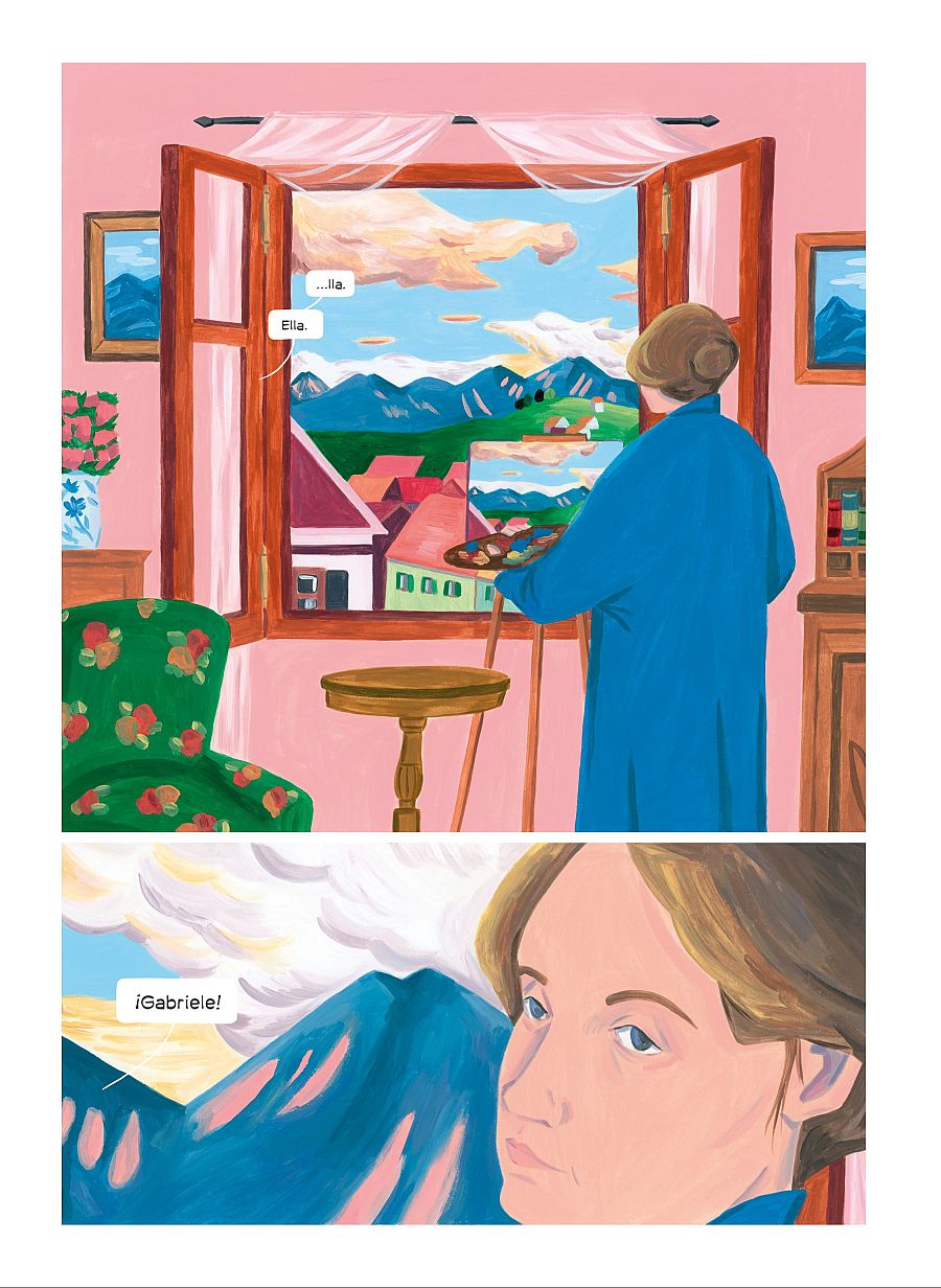 Gabriele Münter pinta un paisaje desde su ventana en esta viñeta de cómic, y en un primer plano se la ve observando su obra.