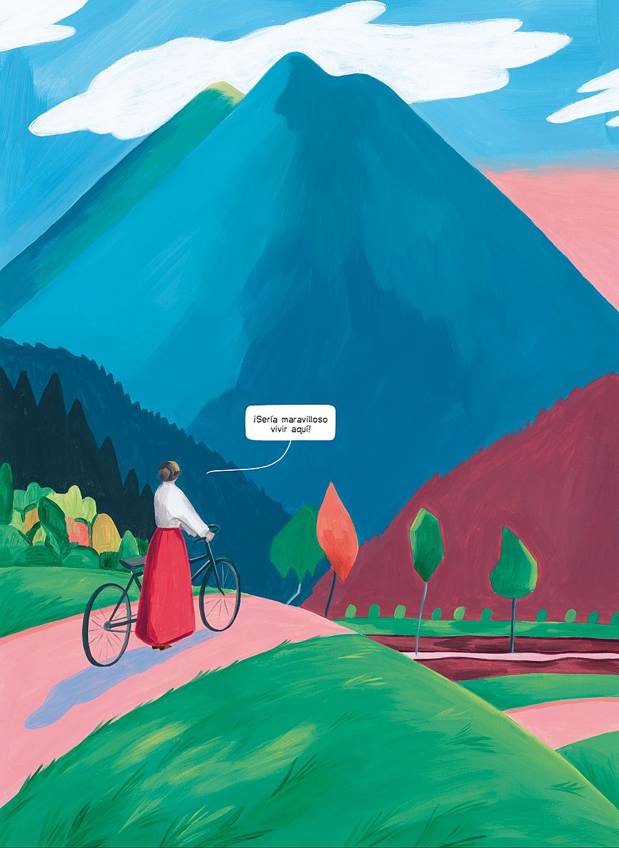 Una mujer en bicicleta admira un paisaje montañoso y piensa que sería maravilloso vivir allí.