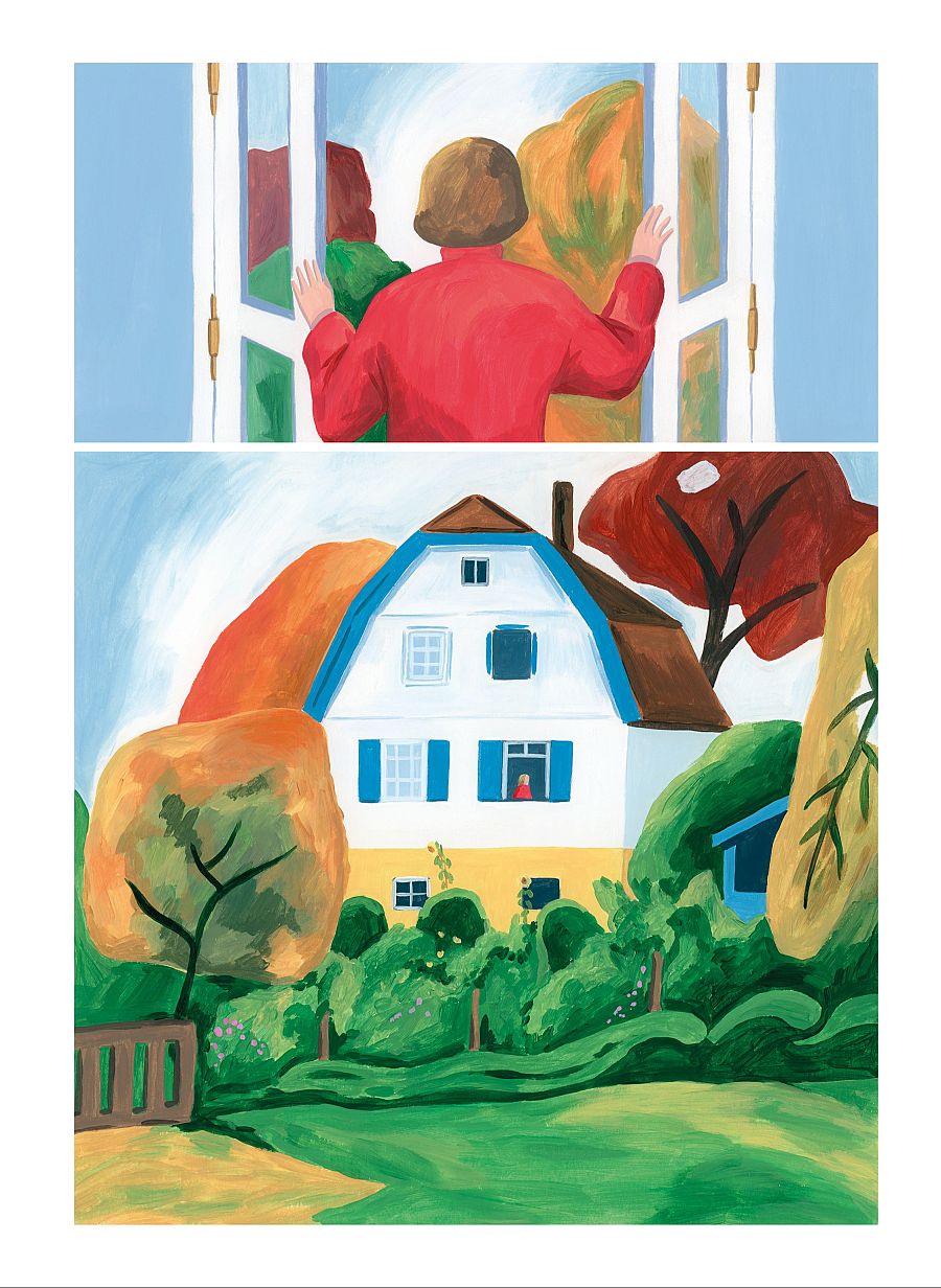 Una persona abre una ventana y observa un paisaje otoñal desde una casa con tejado azul.