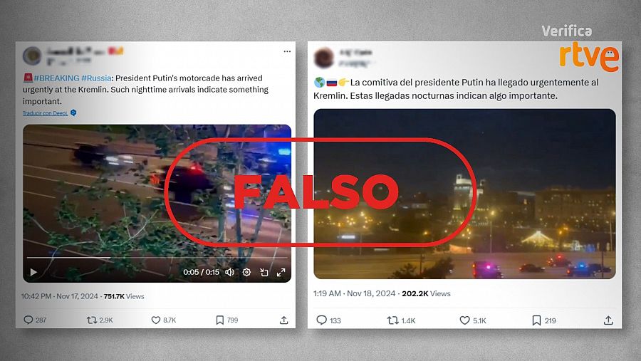 Mensajes de redes que difunden la falsa idea de que el vídeo muestra a la comitiva de Putin en la actualidad