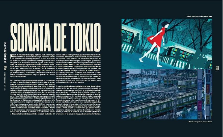 Ilustraciones de Tokio en el anime, con una chica en un mercado nocturno y una vista aérea de las vías del tren.