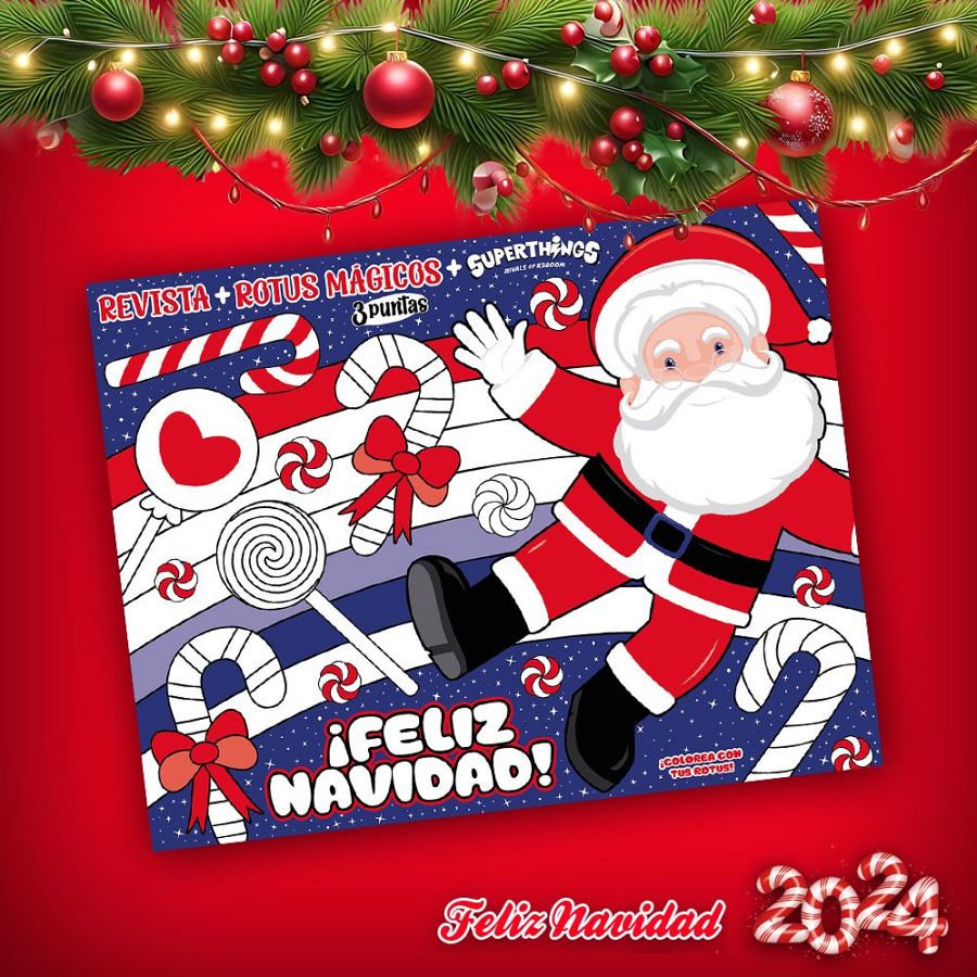Portada navideña de la Revista Clan de diciembre de 2024 con Papá Noel y dulces para colorear.