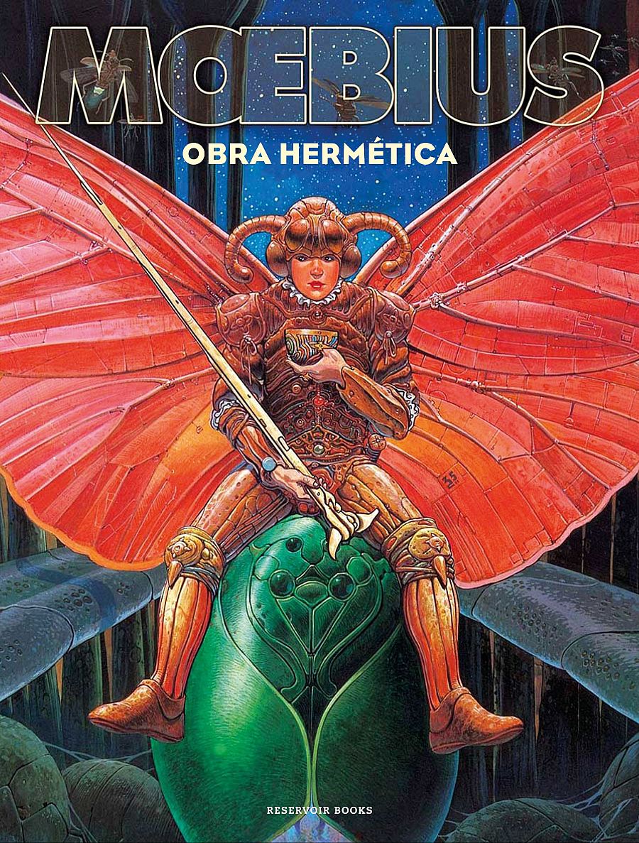 Portada de 'Moebius. Obra hermética' con un personaje con armadura sobre un huevo verde y alas de insecto.