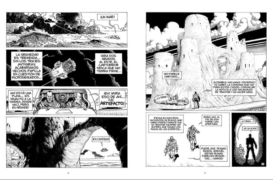 Viñetas de un cómic de ciencia ficción con dos astronautas explorando un planeta con ruinas.