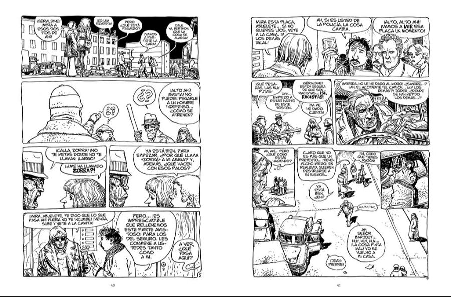 Viñeta de 'Moebius. Obra hermética' con personajes en una calle, dialogando.