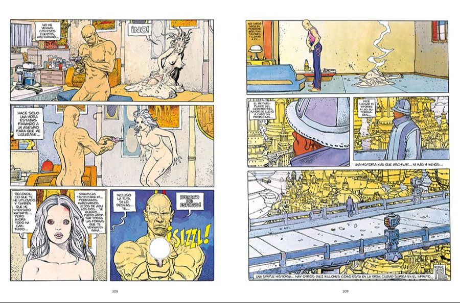 Viñetas de 'Moebius. Obra hermética' con personajes en un ambiente futurista.