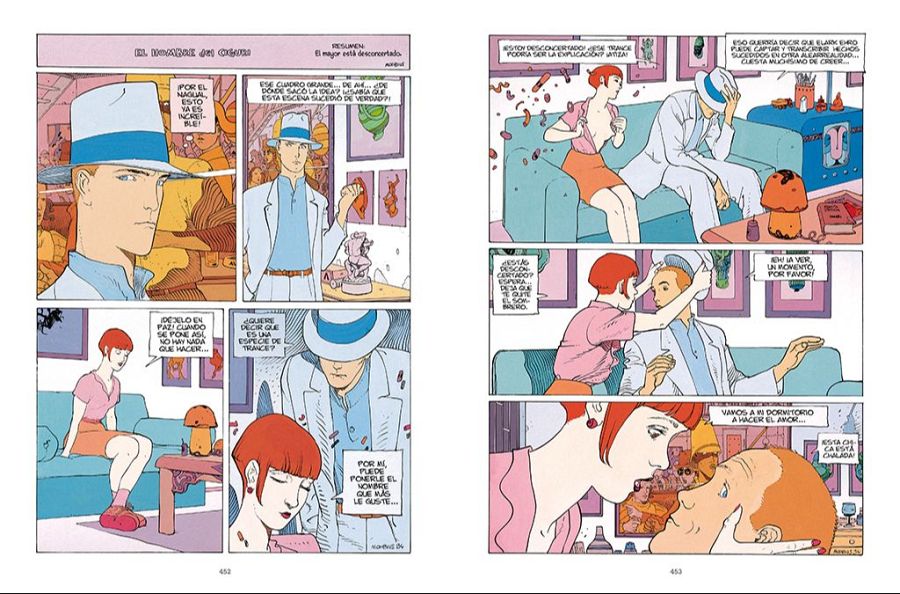 Viñetas del cómic 'Moebius. Obra hermética' que muestran a un hombre y una mujer interactuando en diferentes situaciones.