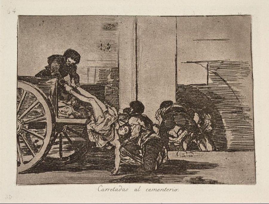 Carreta cargada con cadáveres, escena de la Guerra de Independencia Española. Grabado de Goya, 