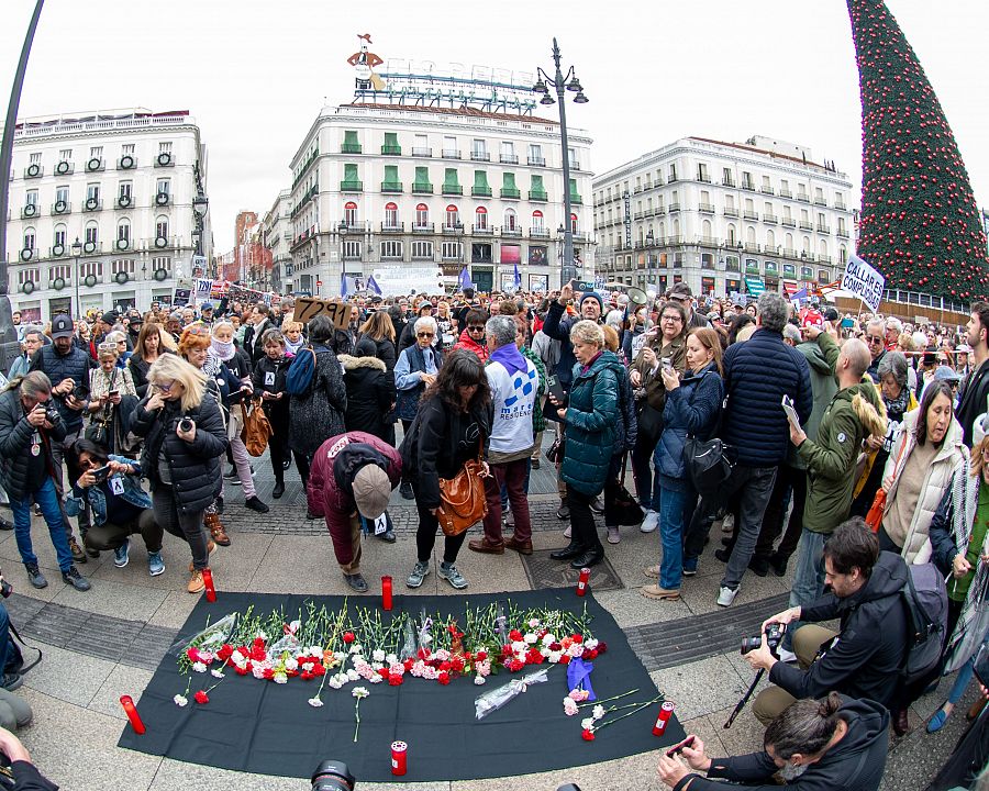 Manifestantes, convocados por Marea de Residencias, depositan claveles ante a la sede de la Comunidad de Madrid