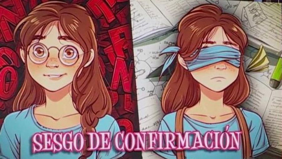 Dos imágenes de una joven: una con gafas, la otra con los ojos vendados.  Ilustra el sesgo de confirmación, mostrando apertura vs. ceguera a información contradictoria.