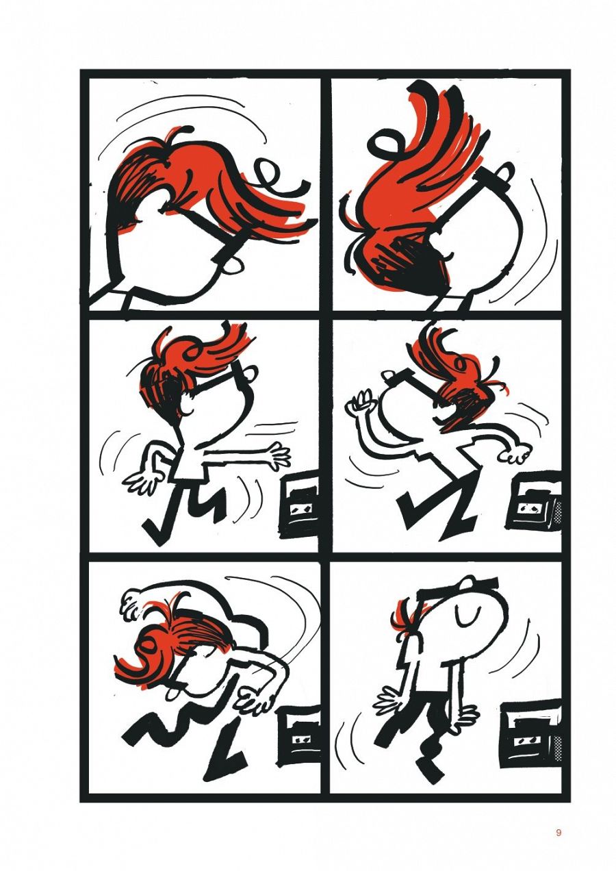 Personaje de pelo rojo bailando enérgicamente al ritmo de un radiocasete en una viñeta cómica de seis paneles.  Poses exageradas y estilo simple.