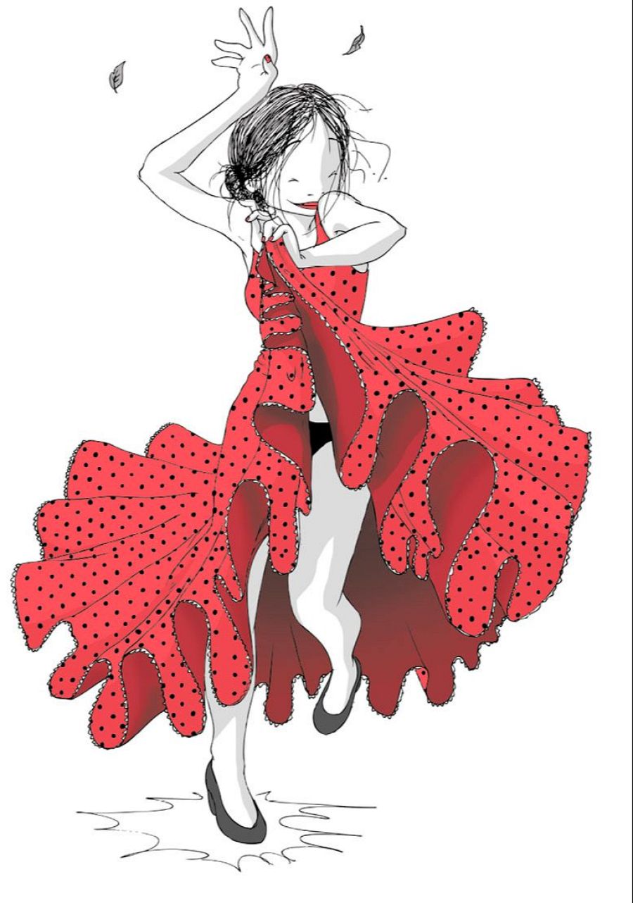 Lola Vendetta baila flamenco con un vestido rojo con lunares negros sobre un fondo blanco.  Hojas caen a su alrededor.
