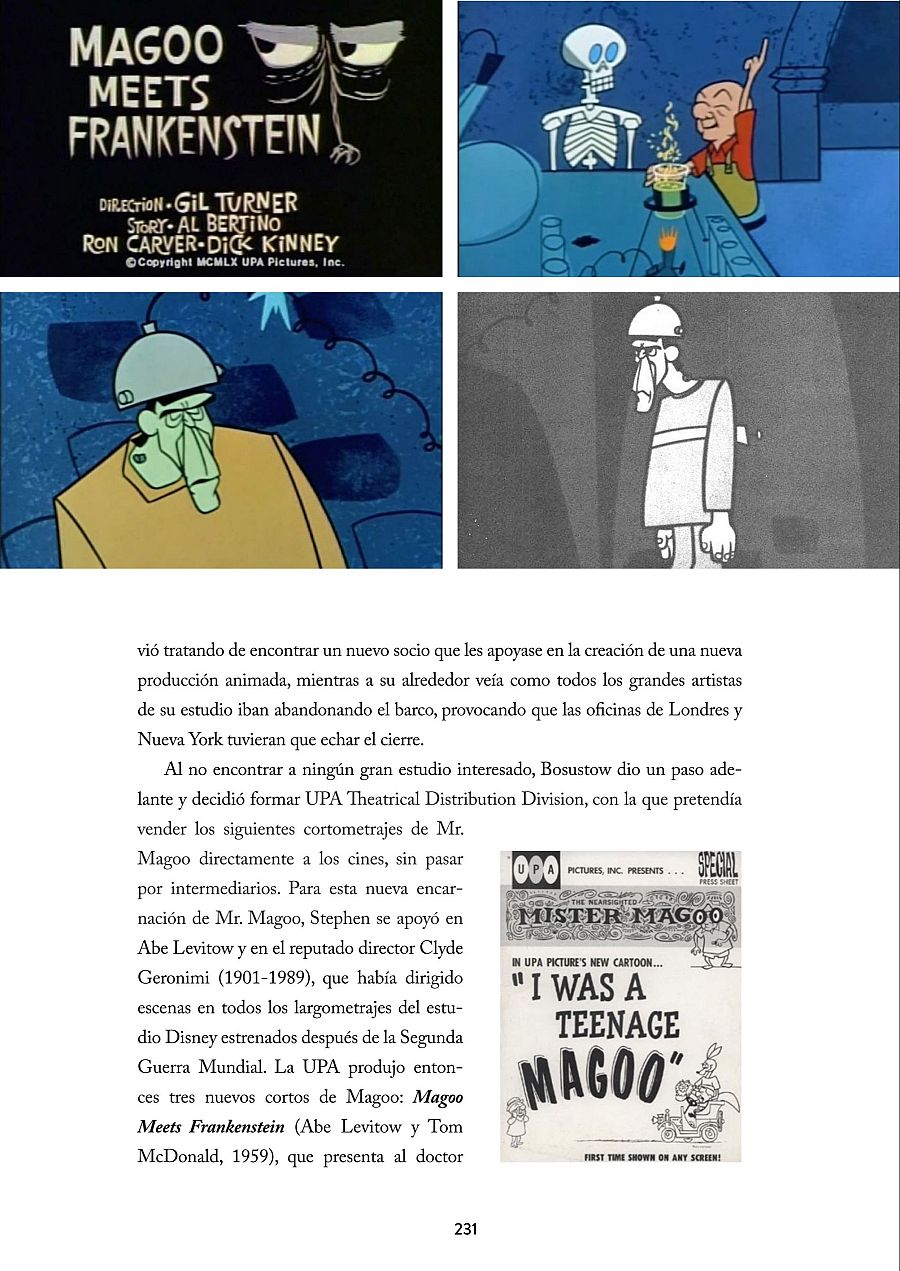 Viñetas de *Magoo Meets Frankenstein* (1959), información de producción UPA Pictures, créditos (dirección, historia), y promoción de 
