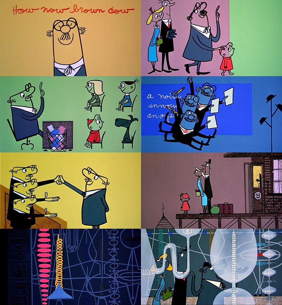 Colección de 8 fotogramas de dibujos animados UPA con escenas variadas, personajes estilizados y un estilo gráfico simple. Incluye frases como 