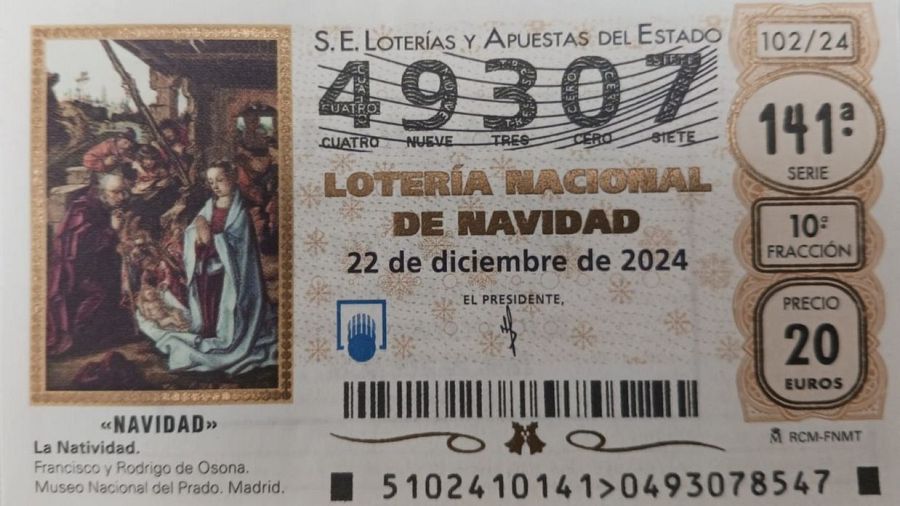 Décimo Lotería Navidad 2024. Número 49307, Serie 141, Fracción 10. 20€