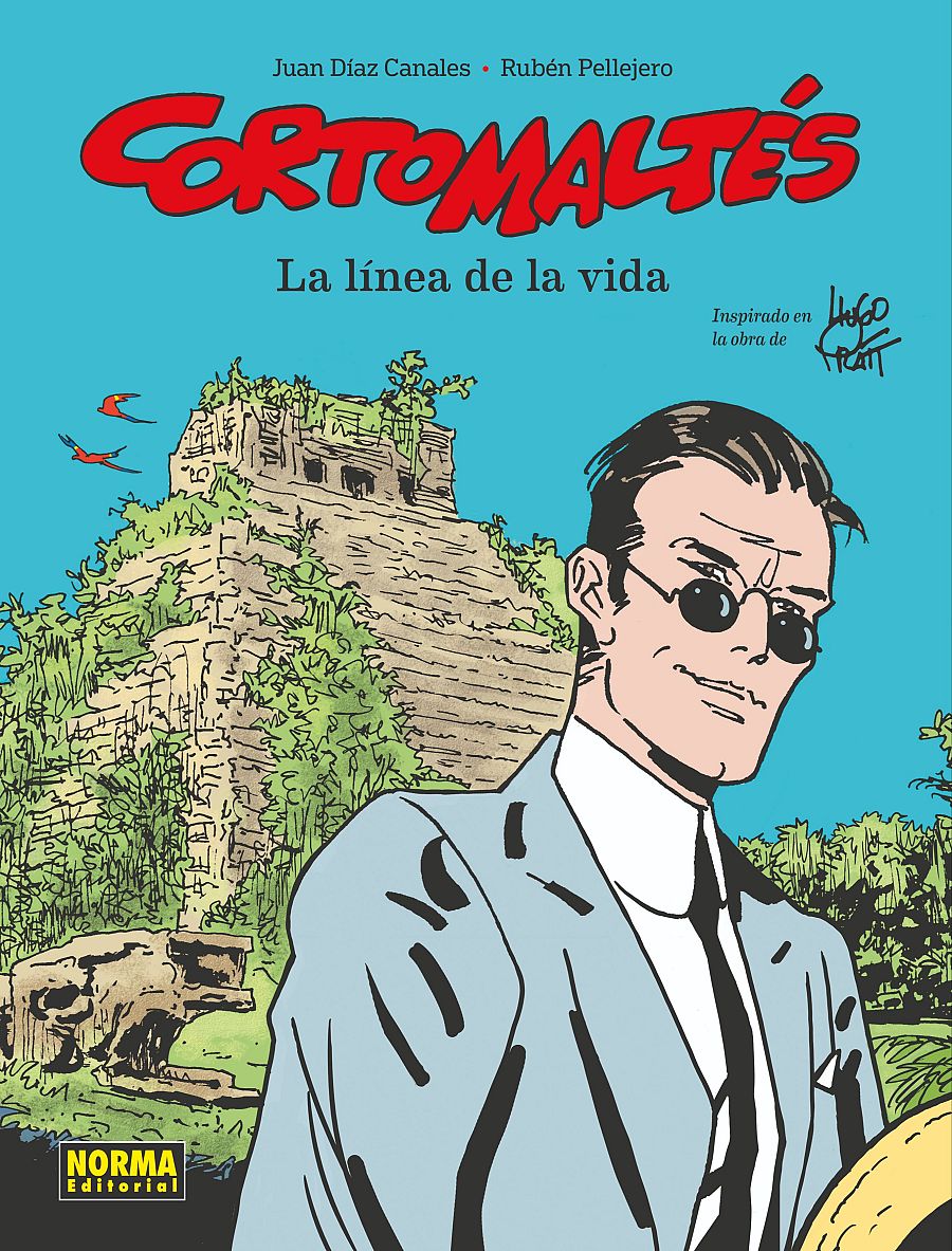 Corto Maltés, con traje y sombrero, en una escena selvática con ruinas antiguas. Inspirado en Hugo Pratt.