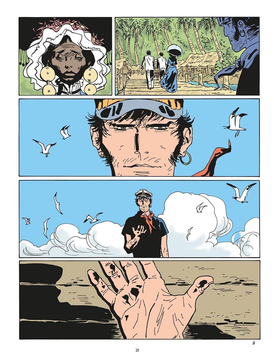 Cinco viñetas de un cómic muestran una mujer, personas en un muelle tropical, un hombre con gorra, el mismo hombre como capitán en una playa y una mano sobre madera.