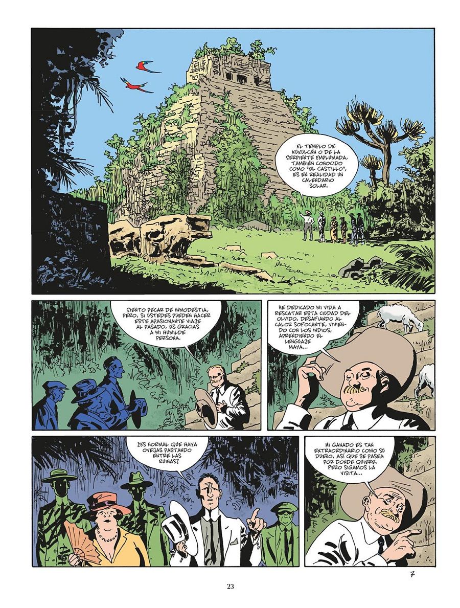 Viñetas de 'Corto Maltés: La línea de la vida' mostrando ruinas mayas, personajes, ovejas y el templo de Kukulcán, descrito como calendario solar.