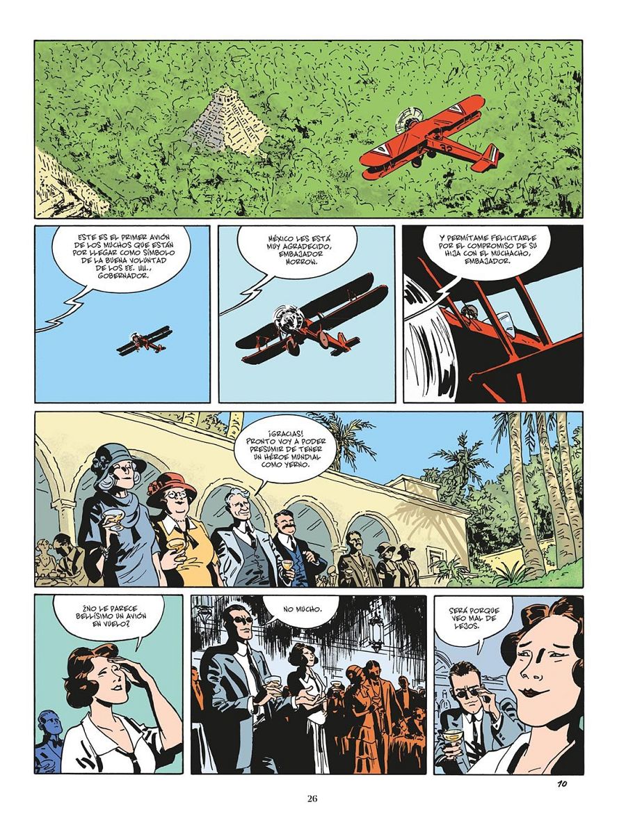 Viñetas de cómic: avión biplano rojo sobrevolando selva, celebración de compromiso, diálogo sobre la belleza del vuelo.  Ambientado en México, con personajes incluyendo al embajador Morrow y su hija.
