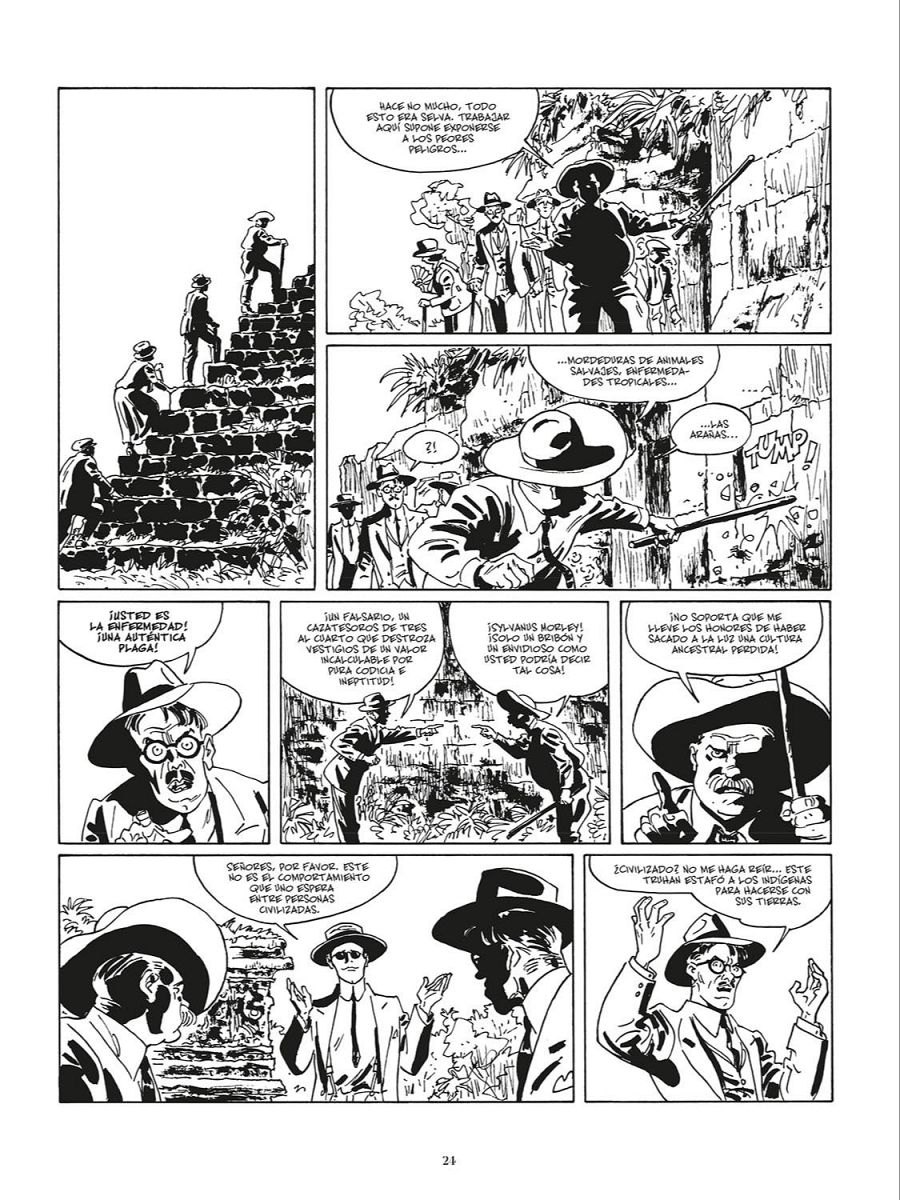 Viñetas de 'Corto Maltés' en una selva mostrando exploradores, discusión sobre un tesoro y la destrucción de artefactos arqueológicos.  Reflexión sobre la civilización.