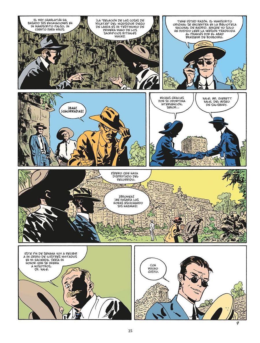 Viñetas de un cómic sobre la autenticidad de un manuscrito maya; personajes discuten en excavaciones y con un experto del Museo de Salisbury; Corto Maltés acepta una invitación.
