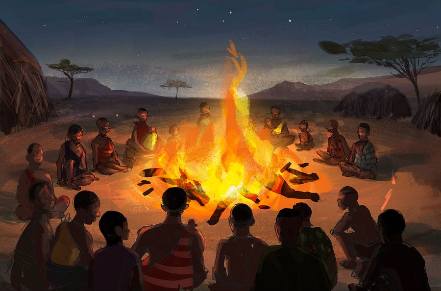 Tribu africana alrededor de una hoguera nocturna en la animación 