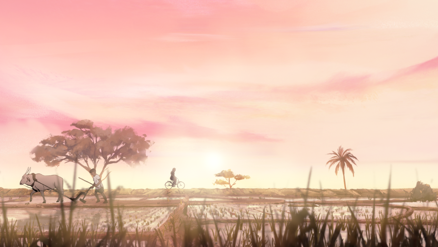 Escena rural al amanecer/atardecer de 'Mariposas Negras': niño arando con buey, persona en bicicleta, campo de arroz, cielo rosado.