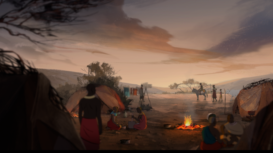 Campamento africano al atardecer en 'Mariposas negras'. Personas alrededor de una fogata, tiendas de campaña y viajeros llegando a caballo.