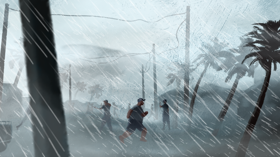 Tormenta intensa en 'Mariposas negras': lluvia diagonal, viento, palmeras dobladas y personas corriendo para buscar refugio.