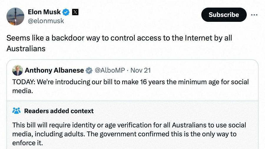 Tweets de Elon Musk y Anthony Albanese sobre un proyecto de ley australiano que establece 16 años como edad mínima para redes sociales, requiriendo verificación de identidad para todos los usuarios.