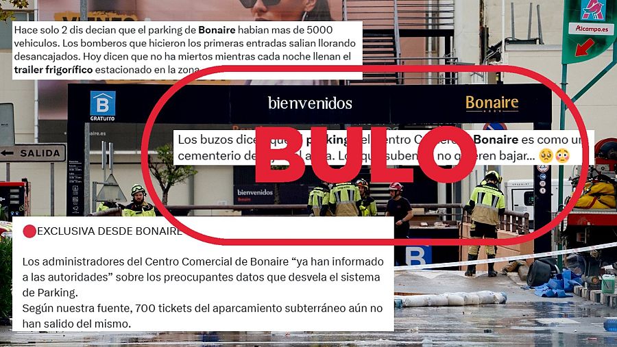 Bomberos en el aparcamiento de Bonaire.  Carteles indican 'Bienvenidos', 'Salida' y 'Gratuito'.  Textos desmienten bulos sobre un incidente.