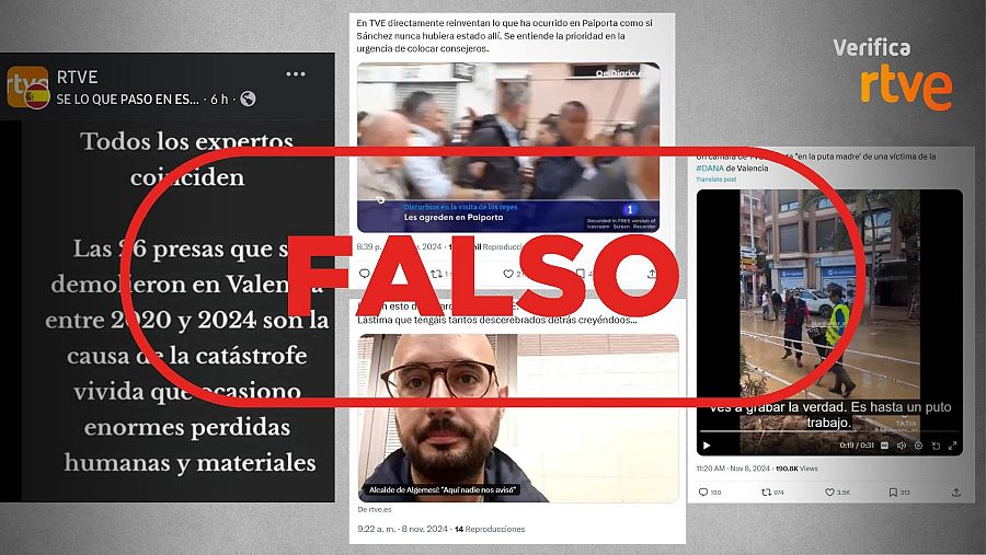 Capturas de publicaciones en redes sociales con información falsa sobre RTVE durante la DANA.  La iniciativa 