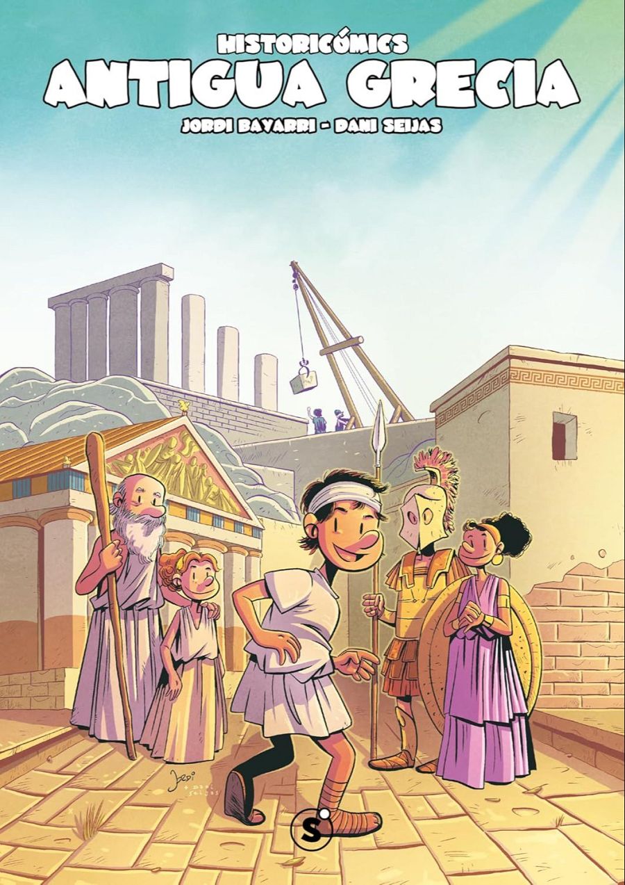 Escena de la Antigua Grecia con personajes (filósofo, niña, niño vendado, soldado, mujer) y arquitectura clásica. Portada del cómic 