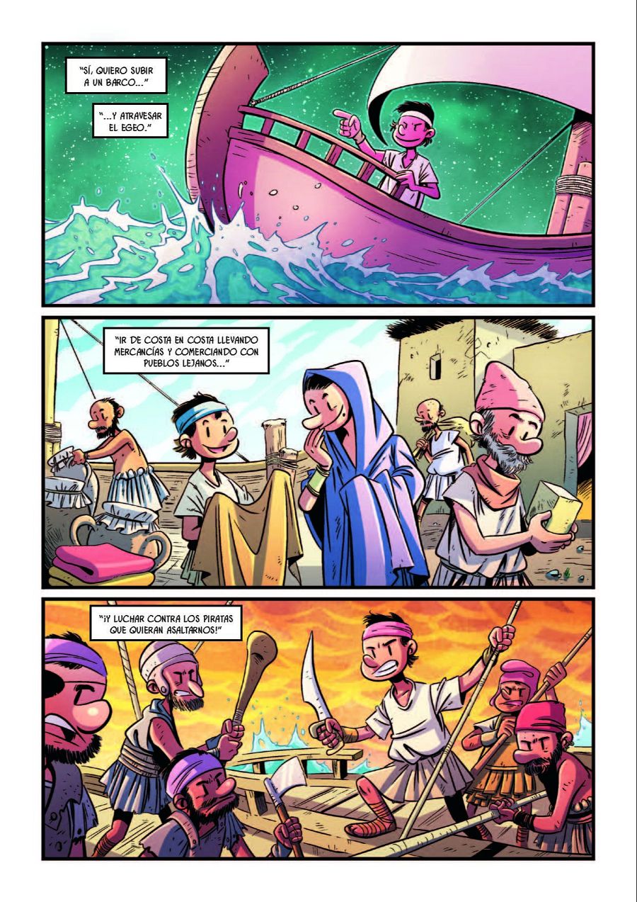 Viñetas de cómic sobre la vida en la Antigua Grecia: navegación, comercio y piratas en el mar Egeo. Estilo caricaturesco.