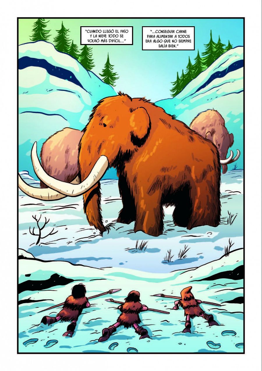 Cazadores prehistóricos en la nieve, listos para cazar un mamut.  Escena de 'Historicómics: Prehistoria' que refleja la dureza de la vida en la Edad de Hielo.