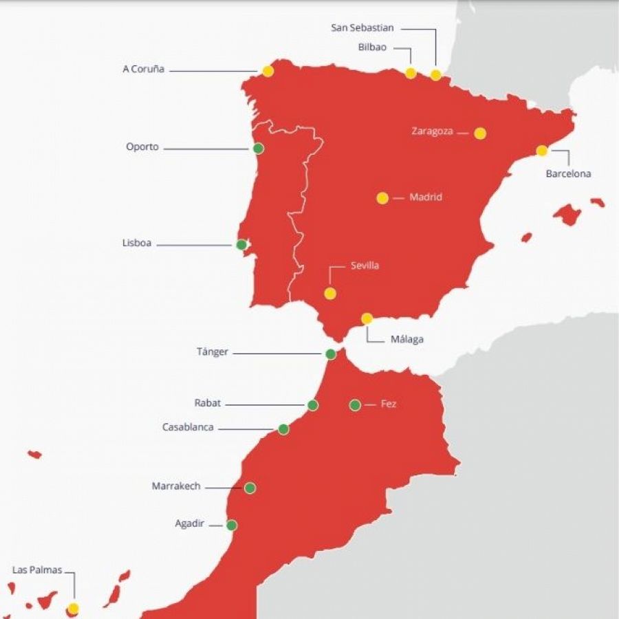 Mapa de ciudades candidatas a la Copa Mundial de la FIFA: España, Portugal y Marruecos. Se muestran ciudades como Madrid, Barcelona, Lisboa, Oporto, Marrakech y Casablanca.