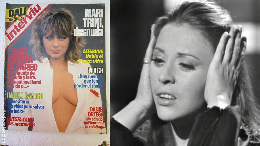 Portada de Interviú (noviembre 1984) con Mari Trini, anunciando fotos desnudas. Incluye titulares sobre Lefebvre, Lluch, Gandhi y Nieves Cano. Foto B/N de Mari Trini.