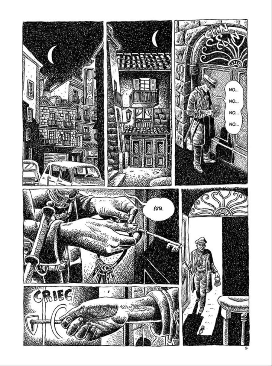 Secuencias de un cómic que muestran a un hombre buscando una llave, introduciéndola en una cerradura y abriendo una puerta en una noche oscura.  Ambientación misteriosa con calles estrechas.
