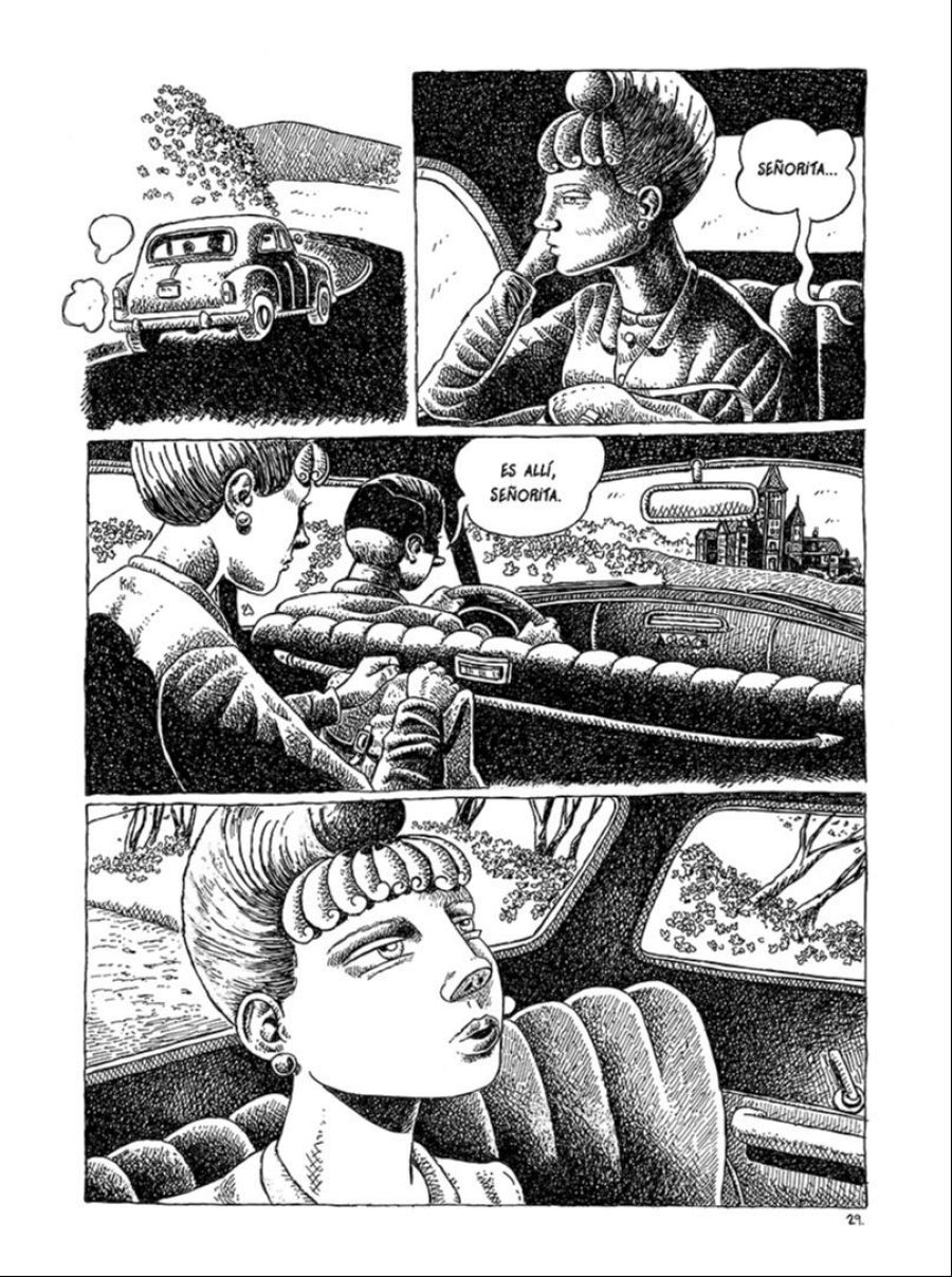 Tres viñetas de un cómic muestran una persecución en coche, con una mujer en el asiento del copiloto y un hombre al volante que le indica un lugar.  El paisaje se observa desde el coche en la viñeta final.