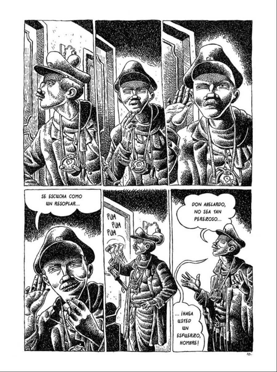 Viñetas de cómic mostrando a dos soldados; uno, llamado Abelardo, se muestra renuente a una actividad física, mientras otro le urge a esforzarse. Se escuchan sonidos de golpes.