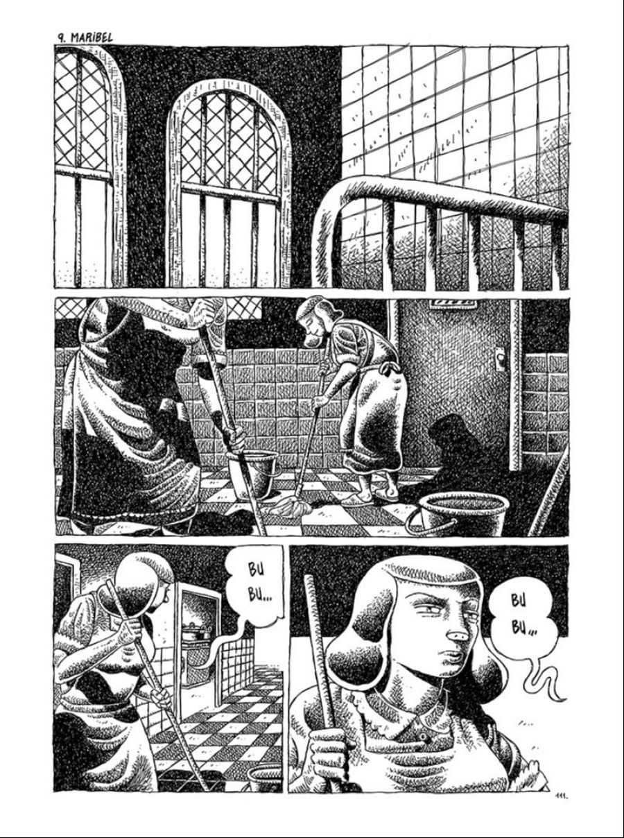 Viñeta de cómic con tres paneles que muestran a dos personas limpiando un baño; una con la cabeza rapada expresa disgusto con la tarea.  Se repite el texto 