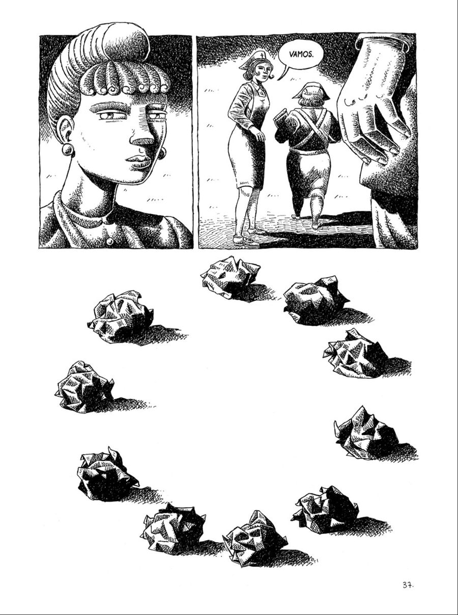 Tres viñetas en blanco y negro muestran a una mujer, dos mujeres caminando y bolas de papel arrugadas.  Número de página 33.