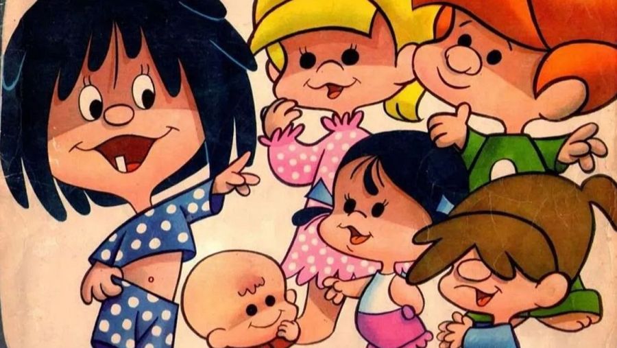 Los seis personajes de La Familia Telerín, Cleo, Teté, Maripí, Pelusín, Coletas y Cuquín, aparecen sonrientes y en pijama.  Cleo señala y a Maripí se le ve el pulgar arriba.