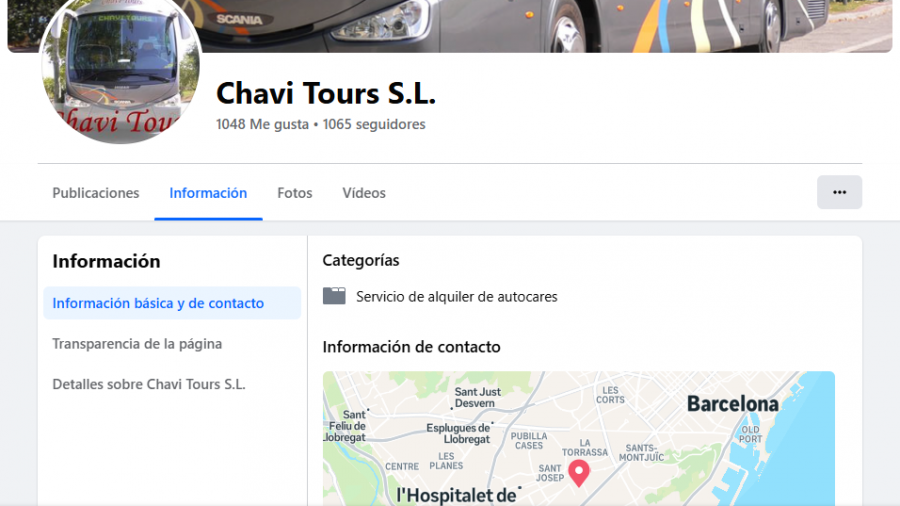 Página de Facebook de Chavi Tours S.L. con datos de seguidores y secciones como Publicaciones, Información, Fotos y Vídeos.  Se muestra la ubicación en un mapa y la categoría 'Servicio de alquiler de autocares'.