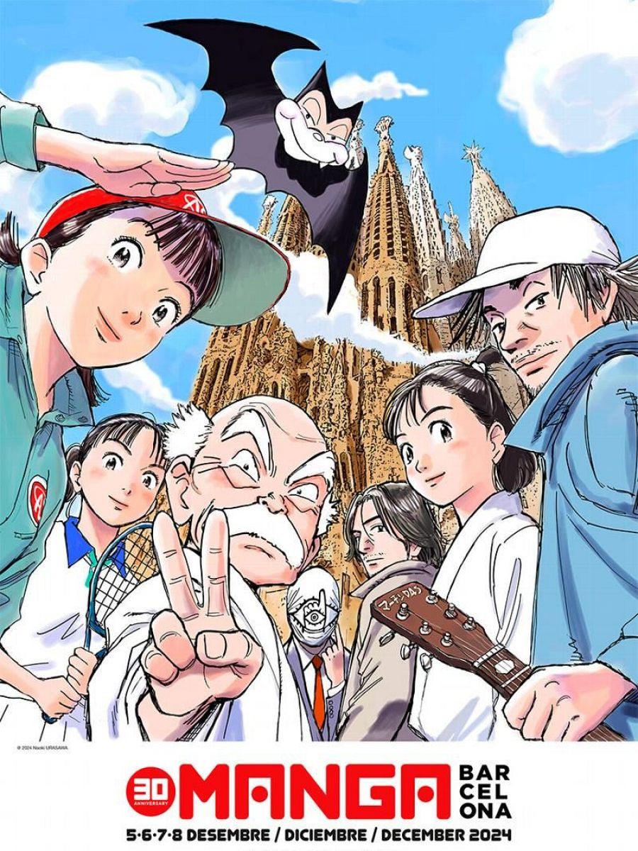 Ilustración del 30 aniversario del Manga Barcelona (5-8 Diciembre 2024).  Personajes manga, Sagrada Familia al fondo y firma de Naoki Urasawa.