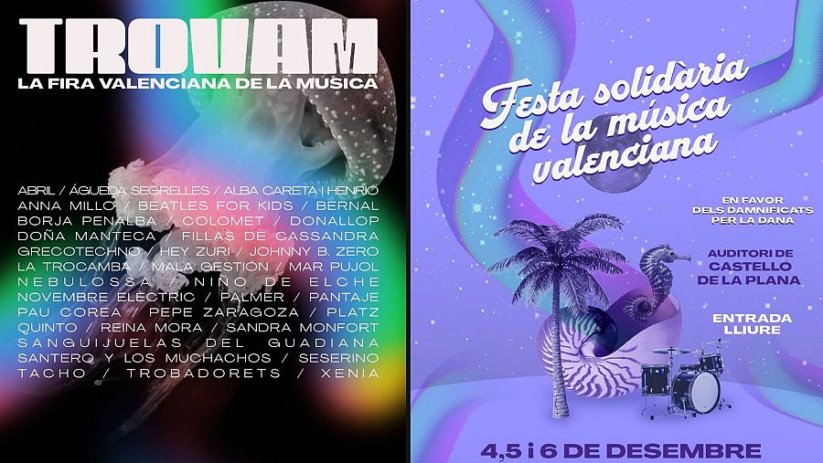Carteles de eventos musicales valencianos: uno, la Fira Valenciana de la Música; otro, una fiesta solidaria (4-6 diciembre) en el Auditori de Castelló, para ayudar a damnificados por la DANA.  Se ven instrumentos musicales y elementos decorativos.