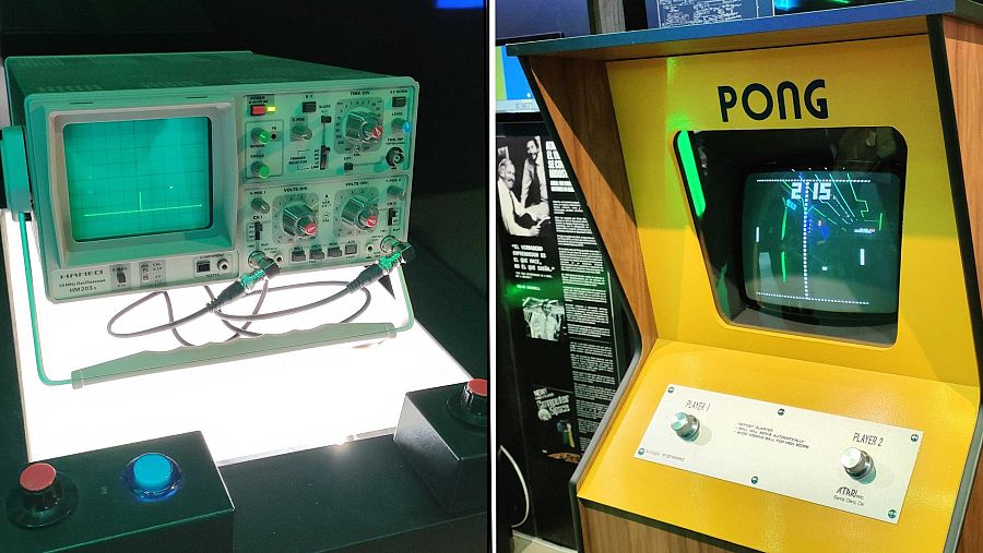Comparativa entre un prototipo de Pong (osciloscopio con botones) y la versión arcade de Atari, mostrando su evolución.