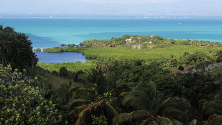Paisaje costero con abundante vegetación, agua turquesa y casas entre la vegetación y el mar.  Perspectiva elevada que muestra la relación entre tierra y mar.