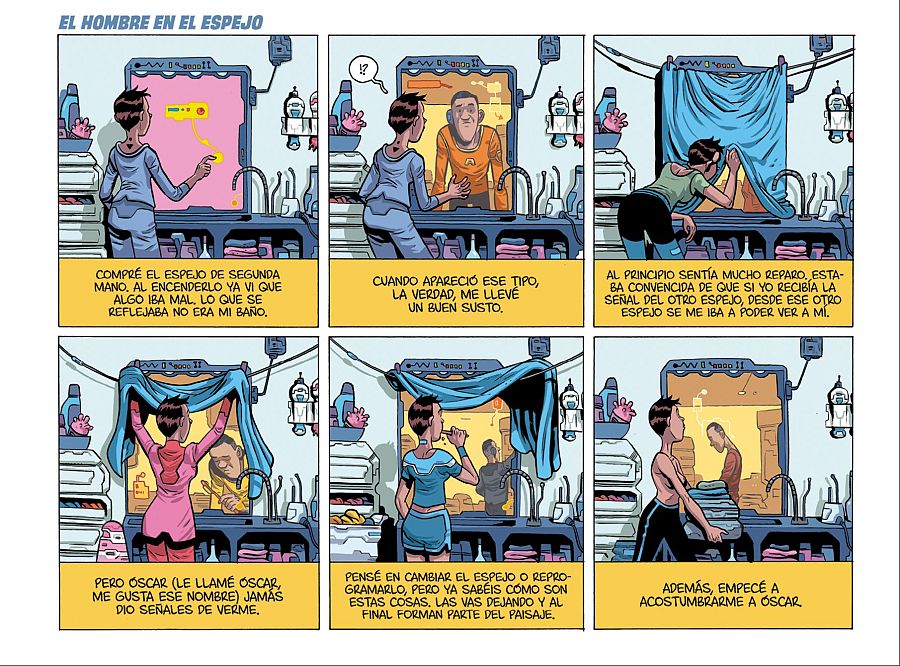 Serie de viñetas que muestran a una persona interactuando con un espejo que refleja a otro hombre, llamado Óscar, en un baño desconocido.